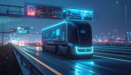 Future transportation concept. Modern bus on highway with city lights in the backgroundの素材