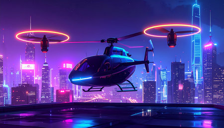 3d rendering of a helicopter flying in the night city with neon lightsの素材