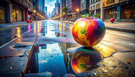 Apple sculpture on the street in New York City, United States.の素材