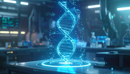 Glowing DNA hologram over modern laboratory background 3D rendering toned image double exposureの素材