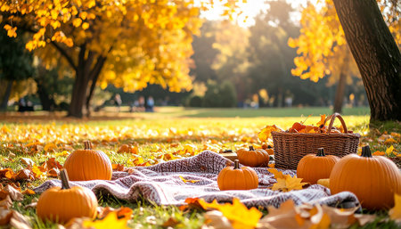 Autumn still life with pumpkins, basket and blanket in parkの素材