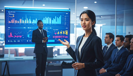 Businesswoman using digital interface in office with colleagues in the background.の素材