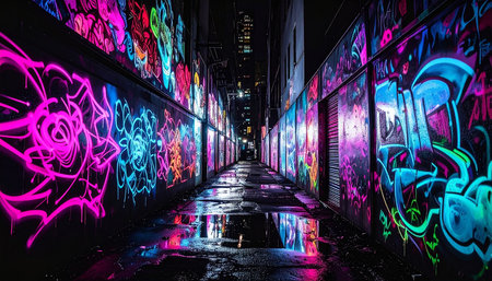 Graffiti on the wall at night in Hong Kong, China.の素材