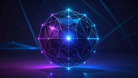 Abstract polygonal sphere with glowing lines on dark blue background. Vector illustrationの素材