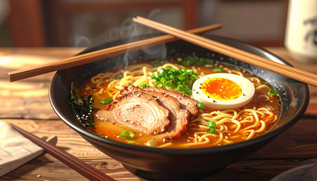 Ramen soup with pork and egg on wooden table, closeupの素材