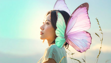 Beautiful asian woman with butterfly in her hair on nature backgroundの素材