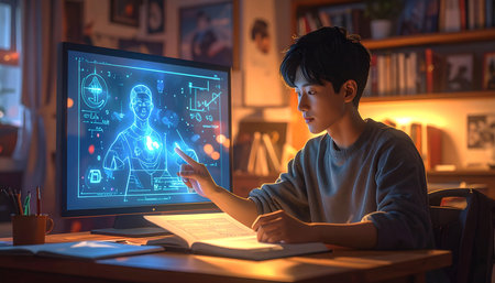 young asian man using computer at home. education and technology conceptの素材