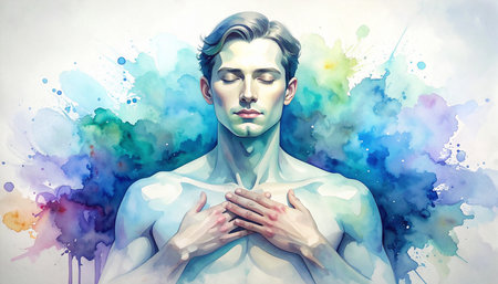 Digital painting of a beautiful woman with blue and pink watercolor splashesの素材