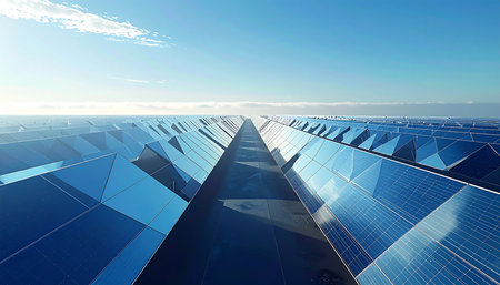 Solar panels on blue sky background. 3d render image with clipping pathの素材