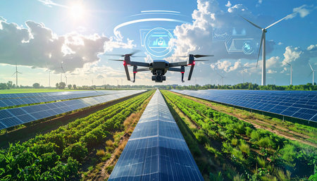 Drone with digital camera flying over solar panels. 3D renderingの素材