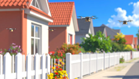Drone flying over the houses. 3D illustration. Blurred background.の素材