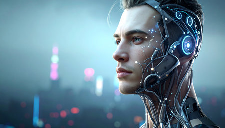 Cyborg man in virtual space. Mixed media. 3D renderingの素材