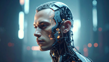Cyborg man cyborg in futuristic space. 3D rendering.の素材