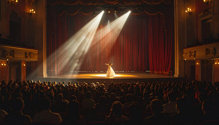 Cinema scene with stage lights and crowd of people in auditoriumの素材