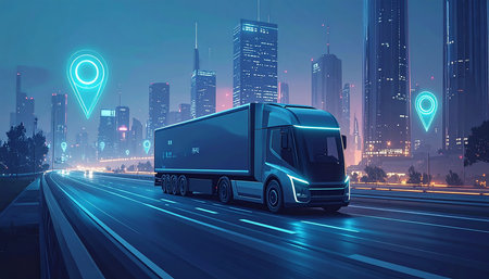 truck on the road with modern cityscape in the background. 3d renderingの素材