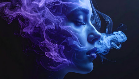 Portrait of a beautiful woman with smoke on a black background.の素材