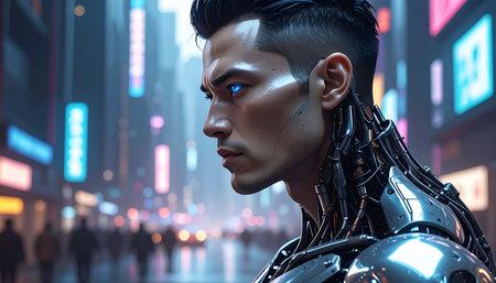 3D rendering of a male cyborg in the city at nightの素材