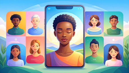 Smartphone screen with portrait of african american woman and people avatars, vector illustrationの素材