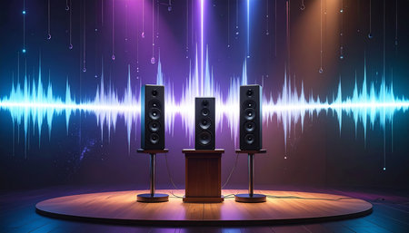 Speakers and sound wave on stage. Music concept. 3D Renderingの素材