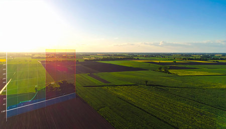 Aerial view of a green agricultural field with solar panels at sunsetの素材