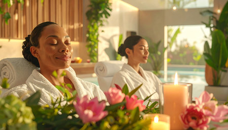 Relaxing in spa salon. Cheerful young African woman with closed eyes relaxing in spa salonの素材