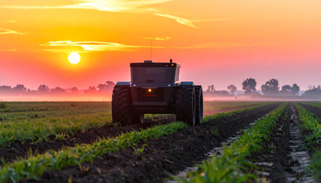 Tractor spraying pesticides on soybean field at sunset, agriculture conceptの素材