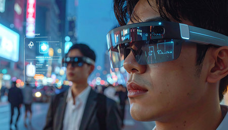Asian man wearing virtual reality glasses in hongkong city.の素材