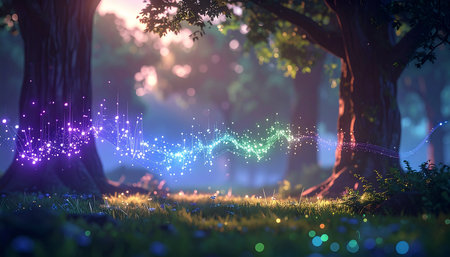 Fantasy forest with glowing lines and bokeh. 3d renderingの素材
