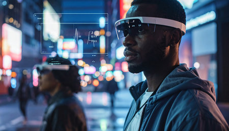 african american man wearing virtual reality headset in city at nightの素材