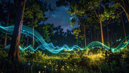 Blue light trail in the forest at night. 3D Renderingの素材