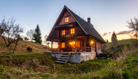 Old wooden house in the mountains at sunset, Zakopane, Polandの素材