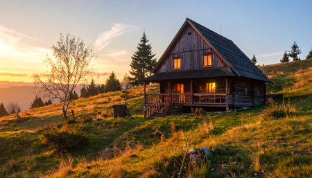 Wooden house in the mountains at sunset. Carpathians, Ukraineの素材