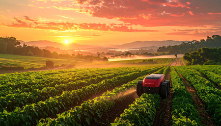 Tractor spraying pesticides on soybean field at sunrise, agricultural conceptの素材