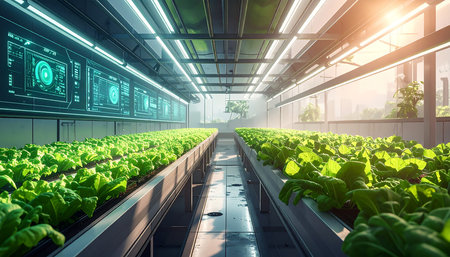 Organic hydroponic vegetable growing in a greenhouse. 3d renderingの素材