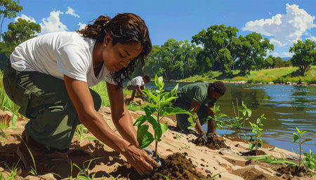 African american woman planting a tree on the river bank. This is a 3d render illustrationの素材