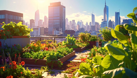 Sunset over Chicago skyline with flower bed and urban skyscrapersの素材