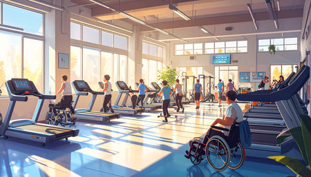 Disabled people running on treadmill in fitness center. 3D renderingの素材