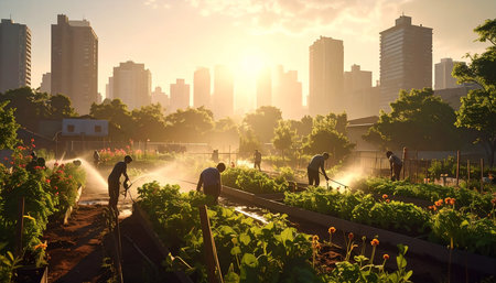 Agricultural workers watering the vegetable garden at sunset in the cityの素材
