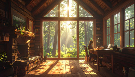 Working from home by the window in the morning. 3d renderの素材