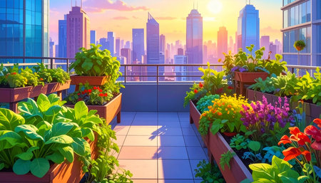 Sunset view of the city from the balcony with flowers and green plants.の素材
