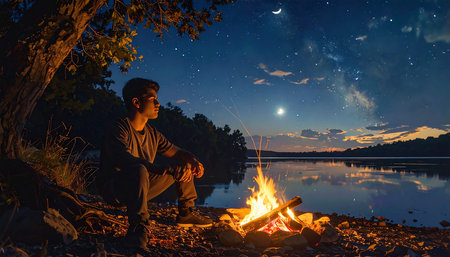Young man sitting by the campfire and looking at the night skyの素材