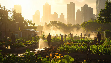 People watering the vegetable garden in the morning with the city background.の素材
