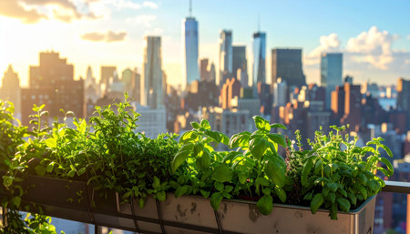 Basil plant on the balcony with New York City skyline in the backgroundの素材