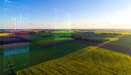 Aerial view of agricultural fields and roads in countryside at sunset.の素材