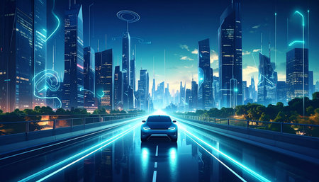 Highway with glowing lights and modern cityscape. 3d renderingの素材