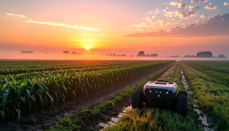 Agricultural tractor on the field with corn at sunset in summerの素材