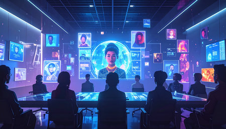 Silhouettes of diverse business people in conference room with glowing screensの素材