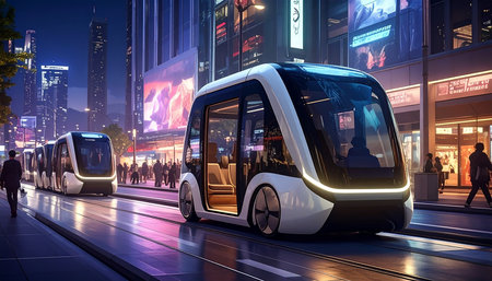 Modern tram in the city at night. Shanghai, China. 3D renderingの素材