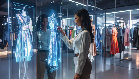 african american fashion designer looking at mannequin in boutiqueの素材