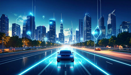 Car on the road with glowing lights and modern cityscape at nightの素材